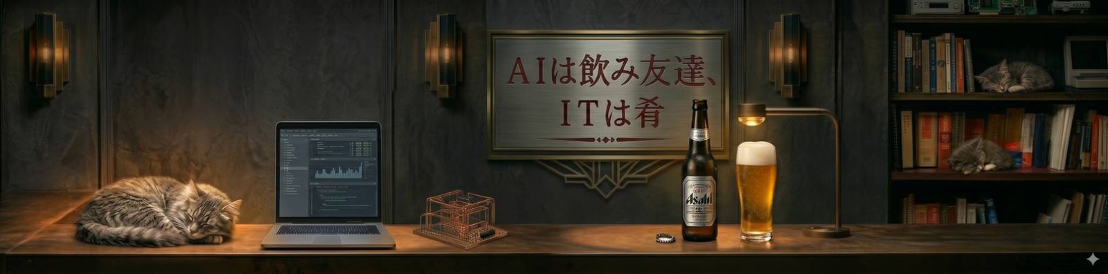 猫が寝そべるバー風の書斎。ノートPCと瓶ビール、グラスが置かれたカウンターの奥に「AIは飲み友達、ITは肴」の看板がかかっている。